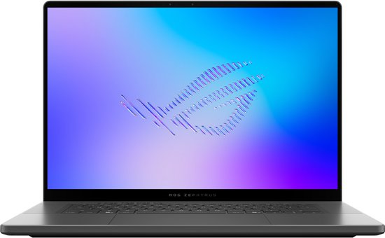 Grijze laptop in vooraanzicht, met oled-scherm toont ROG-logo en "ROG Zephyrus"-belettering onder het display.