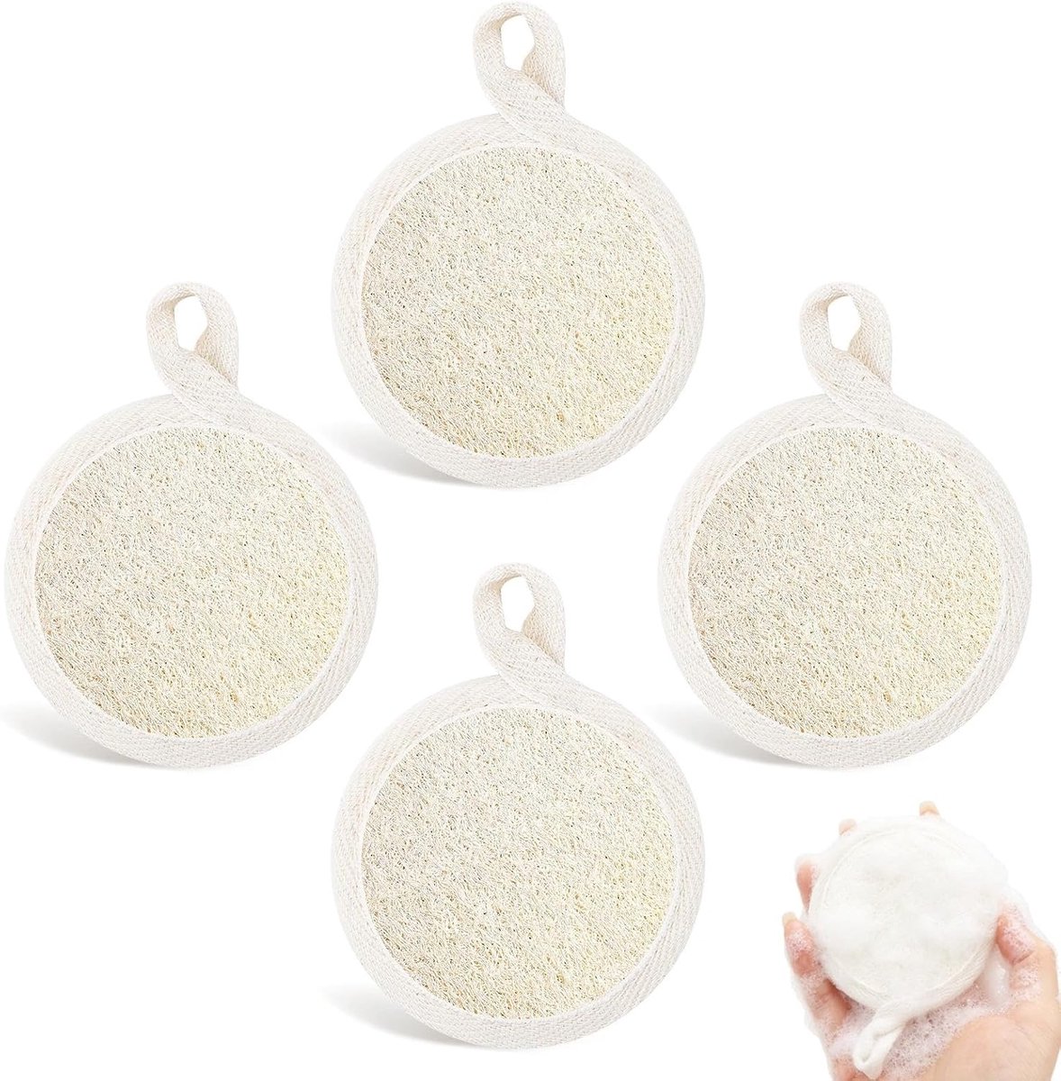 AKONE LuffaPad Scrubber, 4 stuks, natuurlijke loofa-sponspads met handgreep, loofah peeling - SnelShoppen
