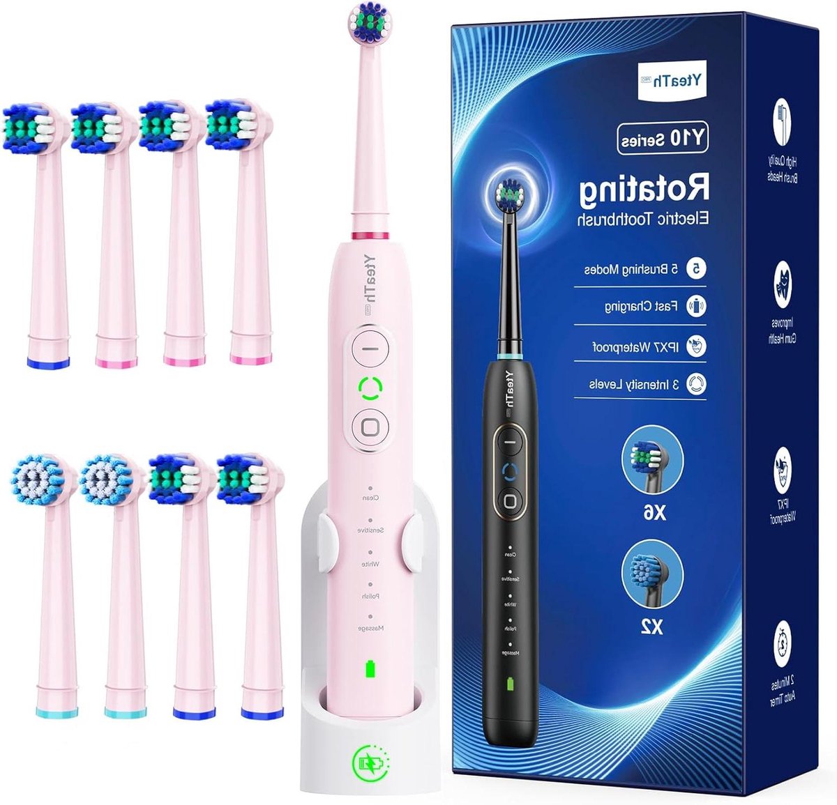 Elektrische Tandenborstel - Sonische Borstel Roterend - Mondhygiëne Verbeteren - 5 Modi 3 Intensiteit - 8 Borstelkoppen - Roze