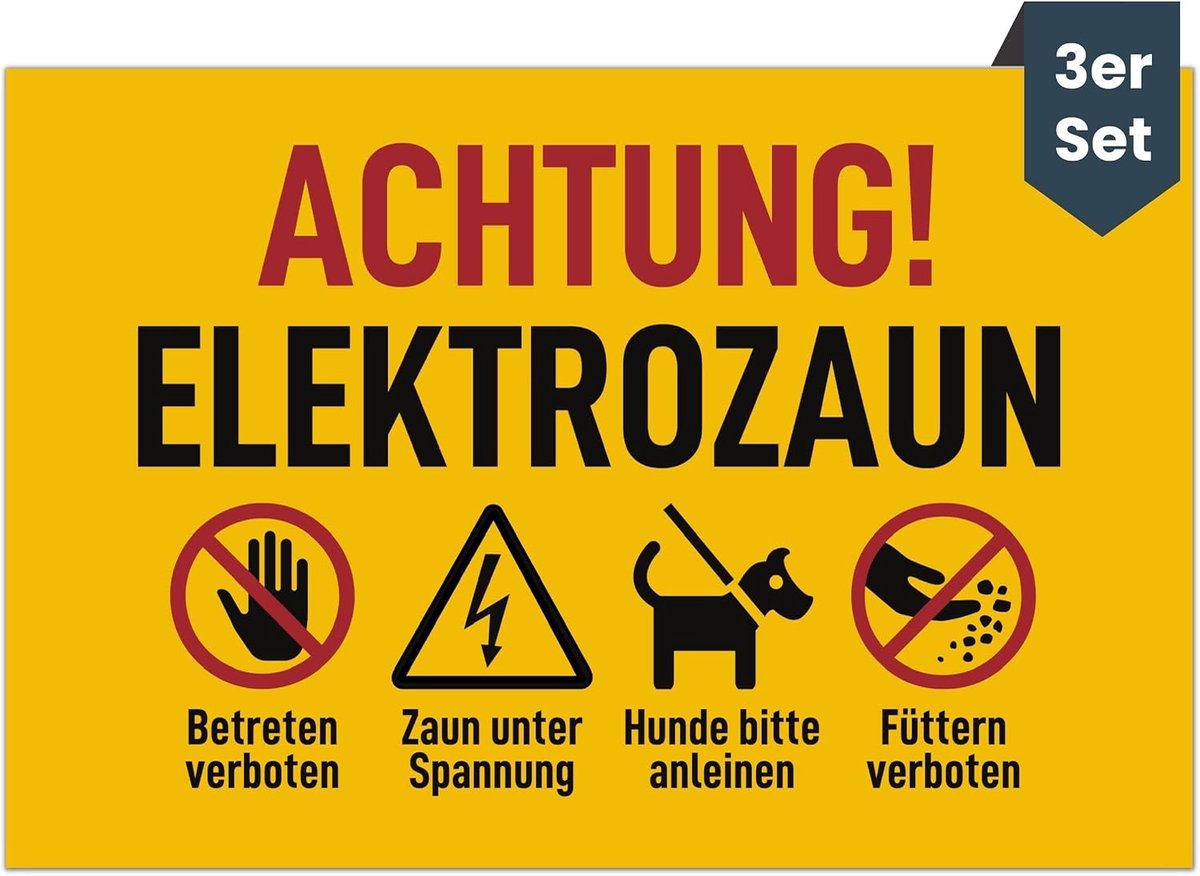 Elektrische hek waarschuwing bord 20x13cm - set van 3 - UV-bestendig en weerbestendig - ShopVlot