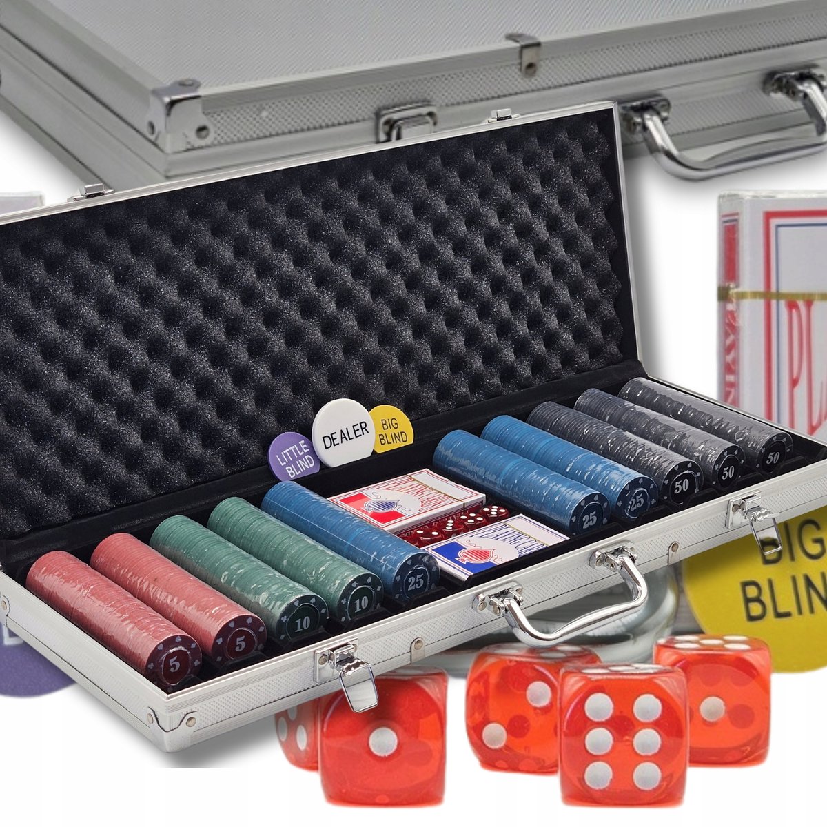 Poker Set 500 Chips, 2 Decks Kaarten, Dobbelstenen & Koffer
