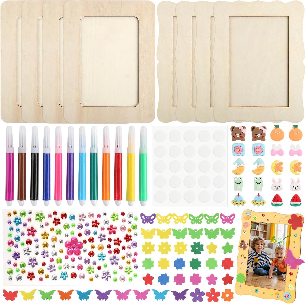 Houten fotolijsten set 14 x 19 cm - 4 golfvormig + 4 vierkant - creatief schilderen - knutselset voor kinderen - ShopVlot