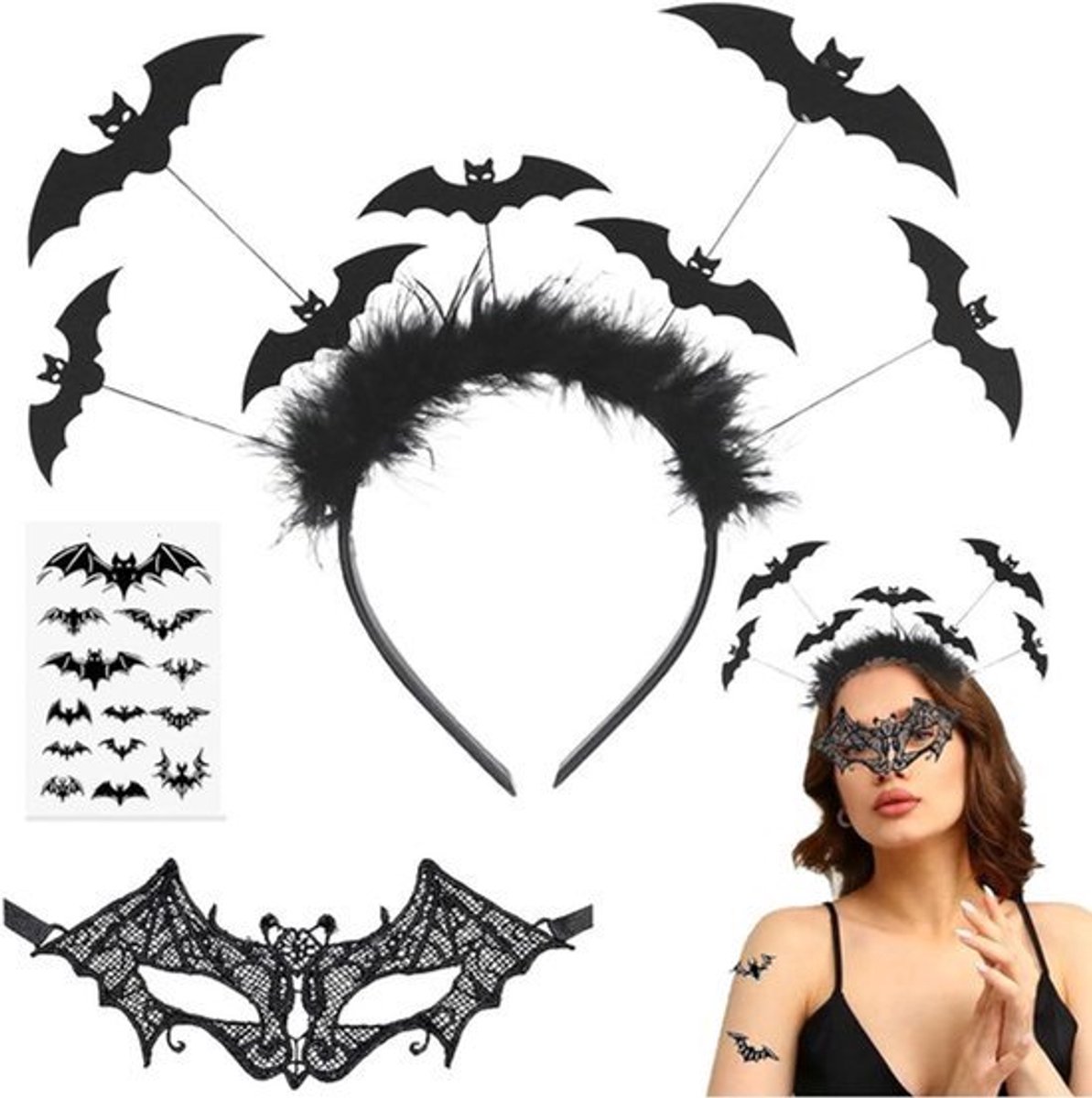 Vleermuis Halloween decoratie set voor dames: pluche haarband, masker, en tatoeagestickers