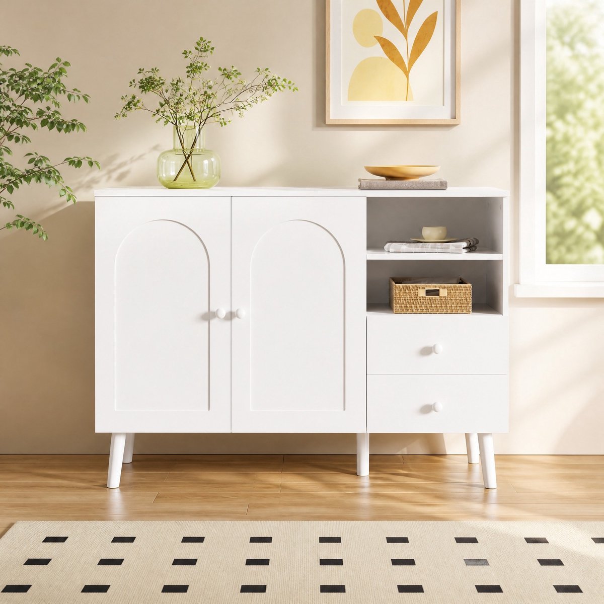 MODENUIT Dressoir - Gebogen Deuren Met 2 Lades En Open Vakken - Woonkamer En Hal - MDF - Wit - 118x35x82 Cm