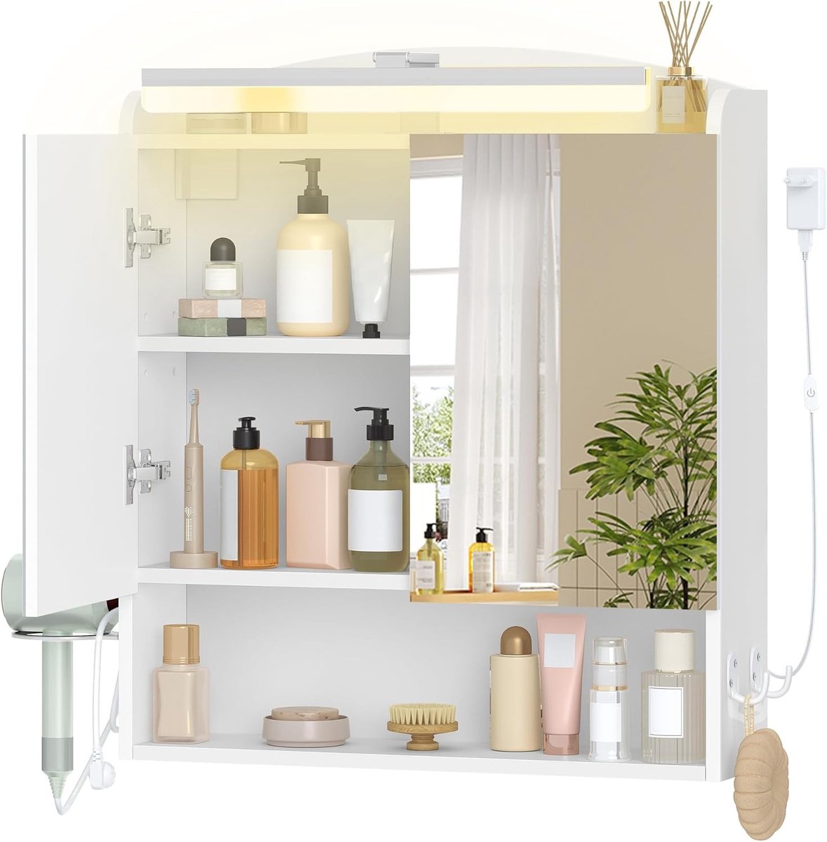 Spiegelkast met Verlichting voor Badkamer, Wandkast met Opbergruimte en Dimbare LED Lampen