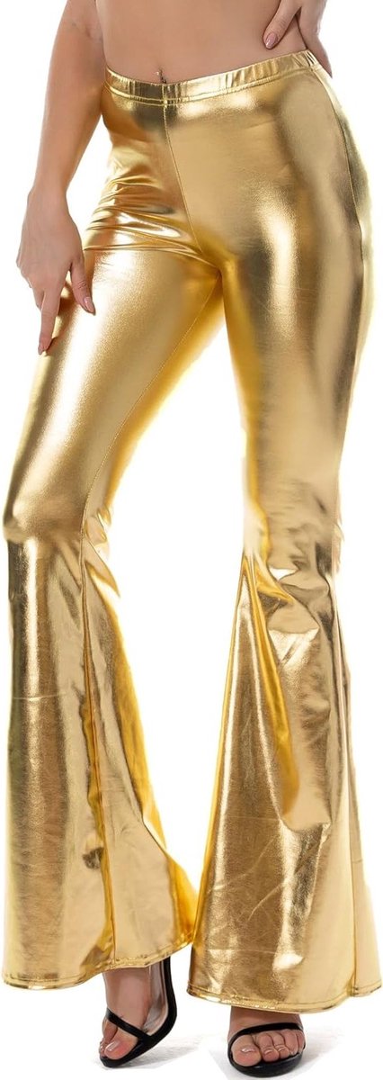 Shiny Metallic Disco Broek met Elastische Tailleband en Flared Pijpen voor 70's Thema Feesten en Cosplay Outfits