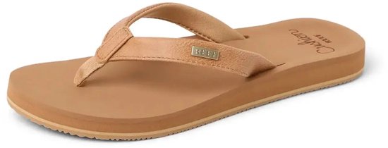 Bruine teenslipper van Reef met een lichtbruine band en beige zool. De band heeft een subtiel metallic glans.