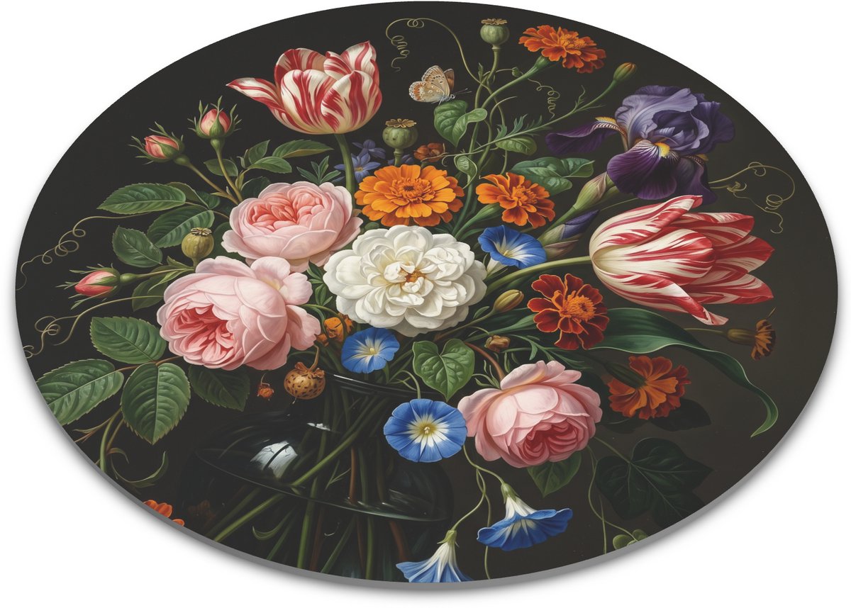 Ronde muismat bloemen stilleven met tulpen, rozen, iris en vlinder - klassieke botanische schilderij stijl, vintage bloemenillustratie voor bureau, thuiswerkplek of cadeau voor bloemenliefhebber 22x22 cm