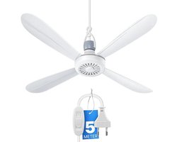 Camping Ventilator – Mobiele Plafondventilator – Hangventilator – Ø 40 cm – Draagbaar en Stil – Met Ophanghaak – 5 Meter XXL-Kabel met Schakelaar – 4 Afneembare Ventilatorbladen – 5 Watt – Wit – Ideaal voor Camping, Tent en Caravan
