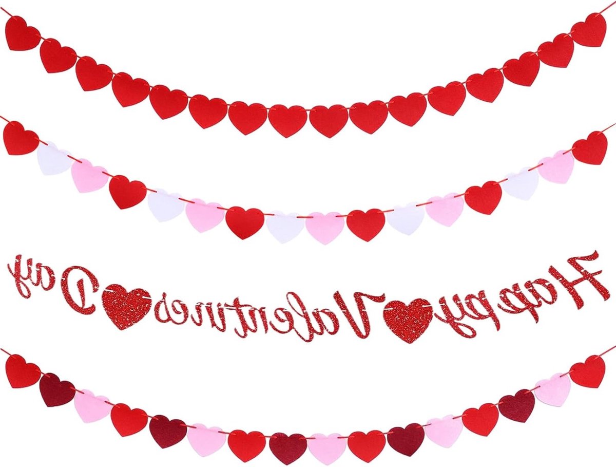 Set van 4 Valentijnsdecoraties - 3 hartvormige vlaggen en "Happy Valentine" banner, romantische versiering voor Valentijnsdag, jubileum en liefdevolle feesten