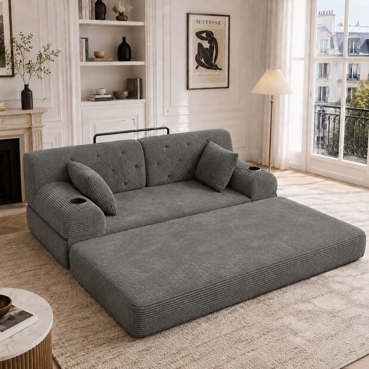 OKWISH Slaapbank 168 Cm - 2-Zits Met Hoge Rugleuning, 2 Bekerhouders En 4 Zijvakken - Voor Woonkamer En Kleine Ruimtes - Cord - Donkergrijs