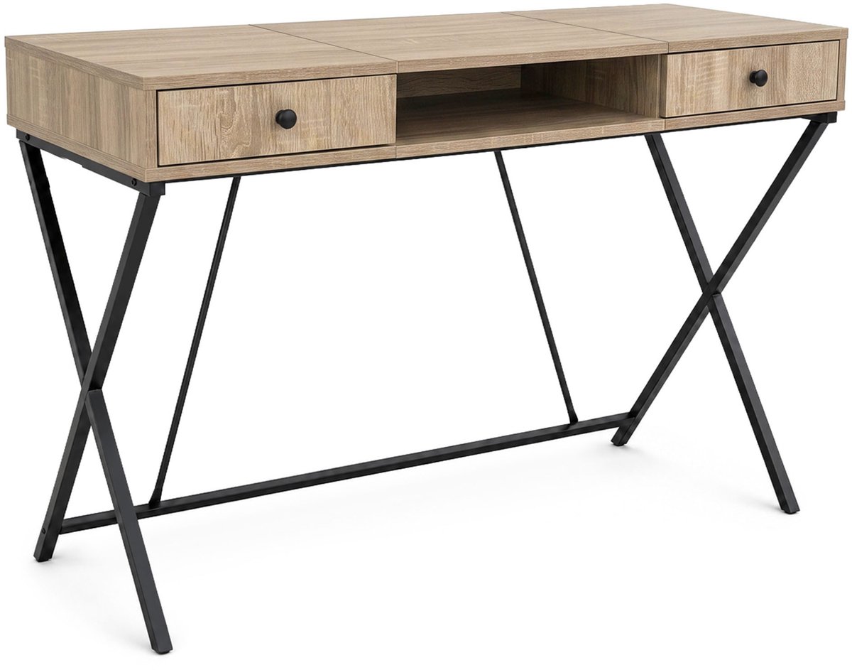 Computertafel Bureau CROSSLINE / Industrieel / Eiken Sonoma / 120 cm / 2 Lades / 1 Plank / Zwarte Poten