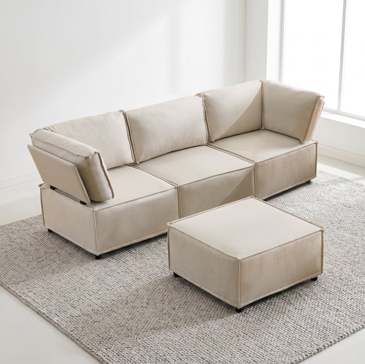 OKWISH U-Bank 238 x 154 cm - Modulair En Vrij Indeelbaar Met Slaapfunctie - Voor Woonkamer Of Logeerkamer - Linnen - Beige
