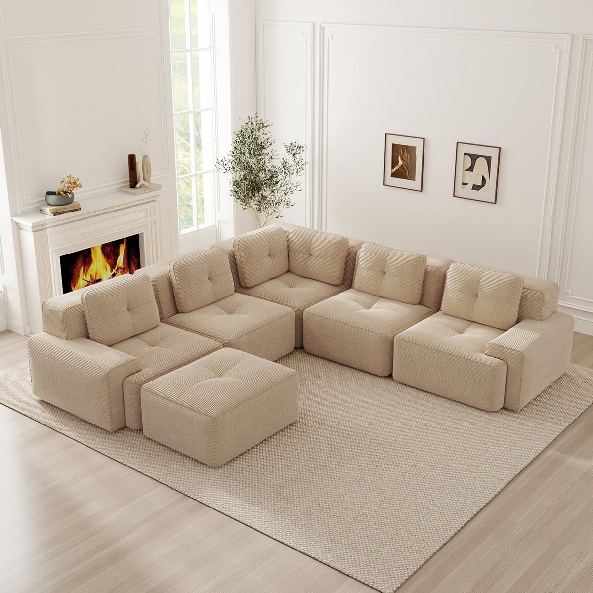 OKWISH U-Bank 295 x 295 cm - Modulaire 5-Zits Hoekbank Met Ottomaan En Diepe Zitting - Voor Woonkamer Of Kantoor - Corduroy - Beige