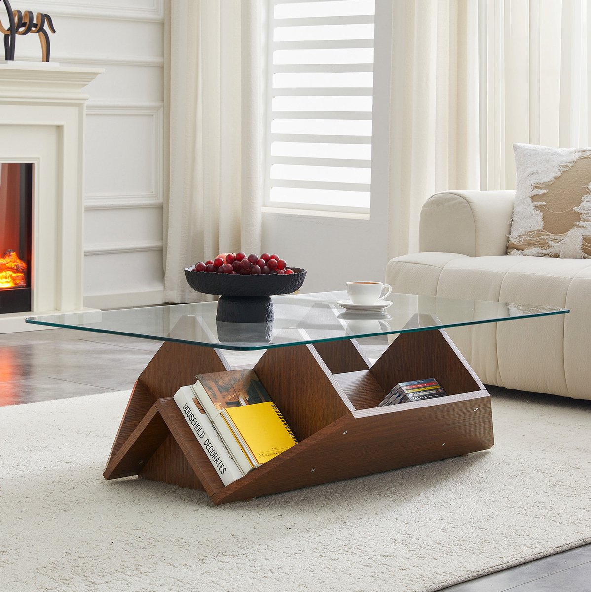 DESMIU Salontafel - Met Gehard Glazen Blad En Opbergvakken - Voor Woonkamer Of Kantoor - MDF In Walnootkleur - 103x63x33,5 Cm