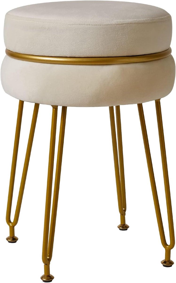 Ronde voetenbank - Fluwelen kruk - Make-up zitting - Verstelbare poten - 47 cm hoog - Crèmewit