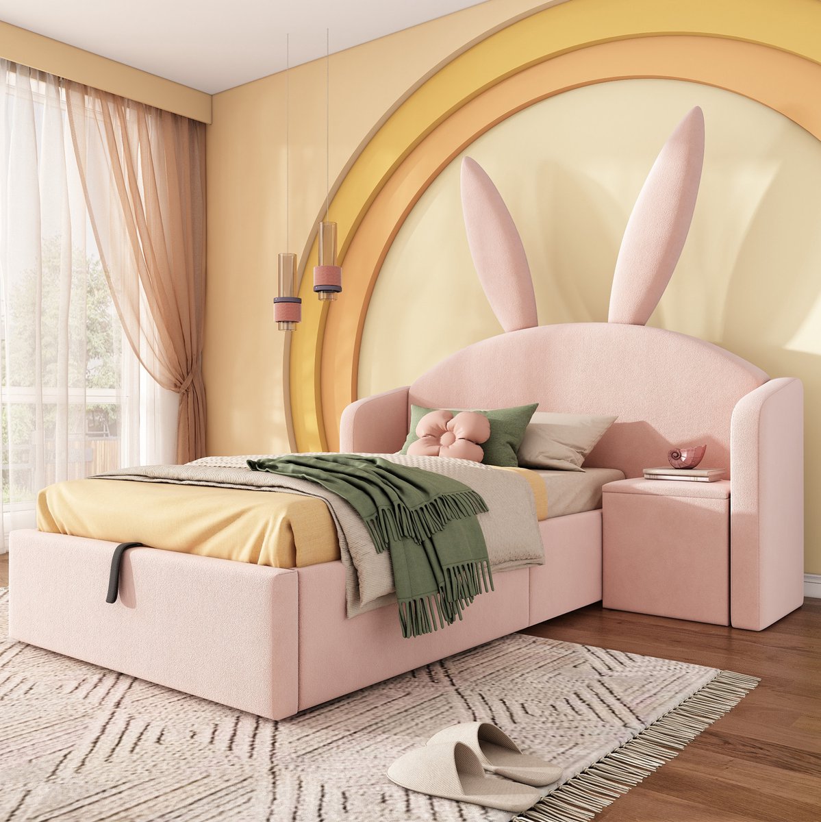 DESMIU Kinderbed 90x190 cm - Roze Fluwelen Bed met Opbergruimte en Nachtkastje - Konijnenoortjes Design - Eenpersoons - Zonder matras