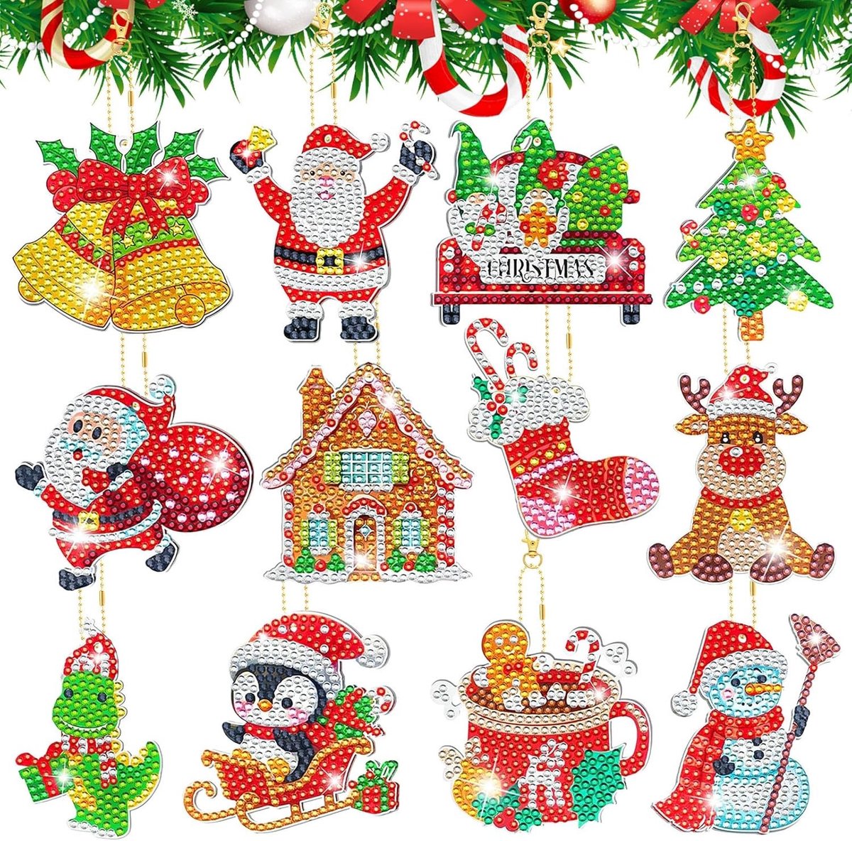 12-delige set diamant schilderen kersthangertjes, dubbele zijde, DIY kit voor kerstdecoratie en adventskalender