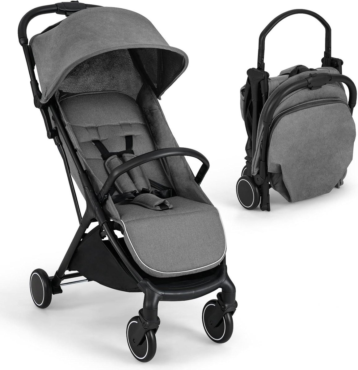 Inklapbare Kinderwagen - Reisbuggy Lichtgewicht - Baby Vervoeren - Met Slaapfunctie - Tot 15 kg - Grijs Zwart