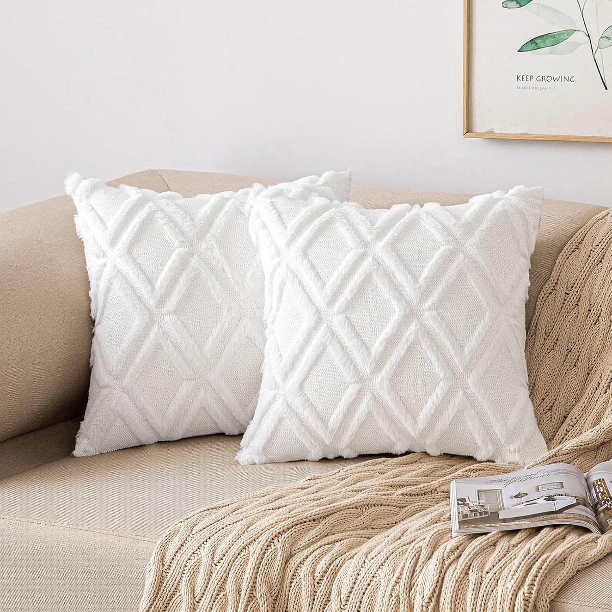 SnelShoppen - Set van 2 decoratieve kussenslopen 40 x 40 cm, wollige fluwelen kussens, knuffelkussens voor woonkamer en bank, boho stijl, witte sierku