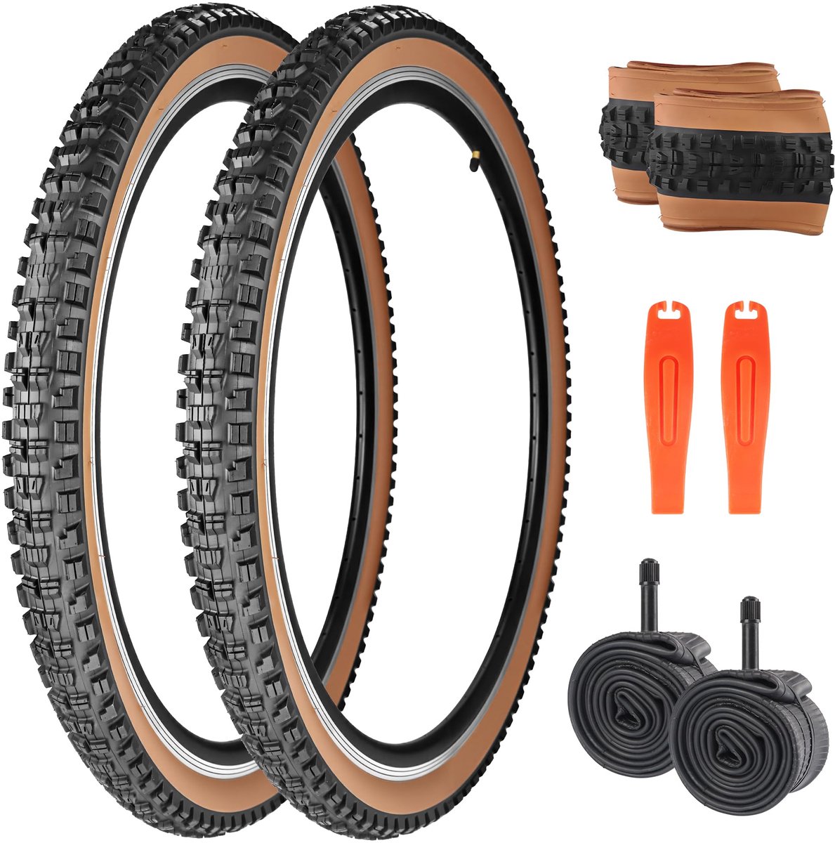 SnelShoppen - 26/27,5/29 x 2,3 MTB Fietsbanden Vouwbanden Set met 2 Banden + 2 Binnenbanden + 2 Bandenlichten, Zwart met Bruine Wand, Allround Gebruik