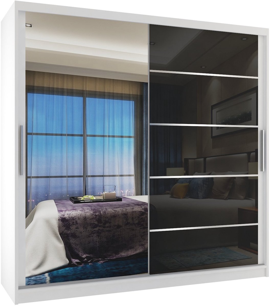 BELINI Verona MGB Schuifdeurkast 200 cm Wit/Zwart Hoogglans - Kledingkast met Spiegel - Comfort Line Hoogglans