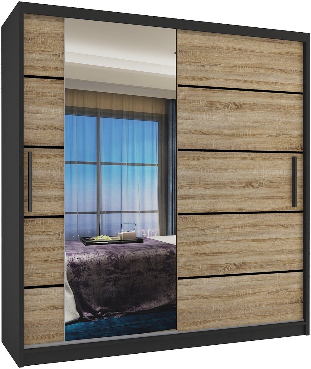 BELINI Verona MBP Schuifdeurkast 158 cm Zwart/Sonoma Eiken Mat - Kledingkast met Spiegel - Comfort Line Slaapkamerkast