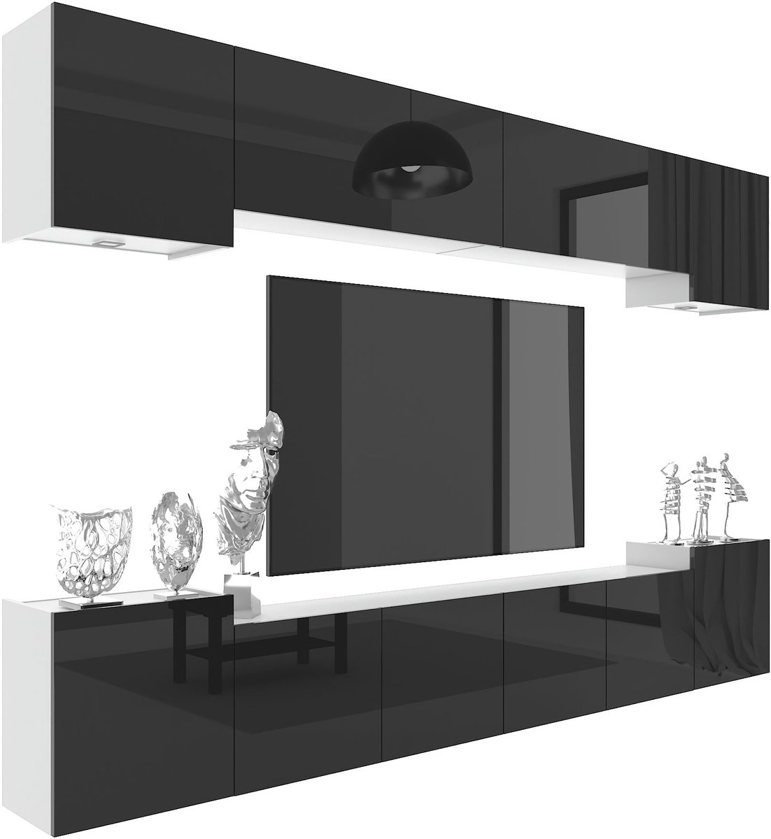 BELINI Wandmeubel Milano 4 300 cm Zwart Hoogglans - TV-Wand Greeploos - Moderne Woonwand met Gasliftsysteem - Modulair TV-Meubel