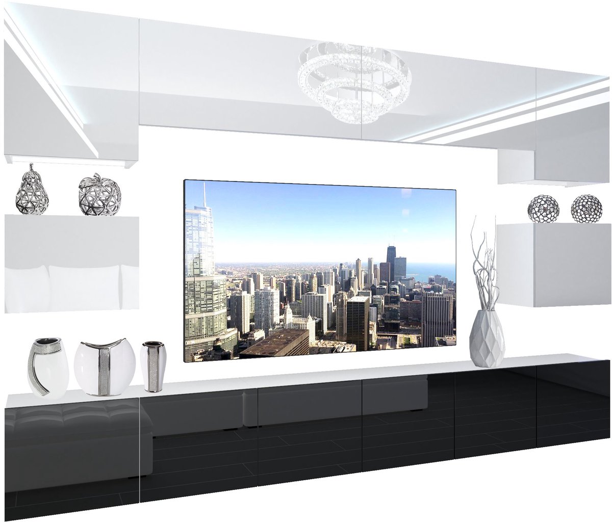 BELINI Wandmeubel NEX 3 - TV-Wandkast Set met LED-Verlichting Wit / Zwart - Hoogglans Fronten