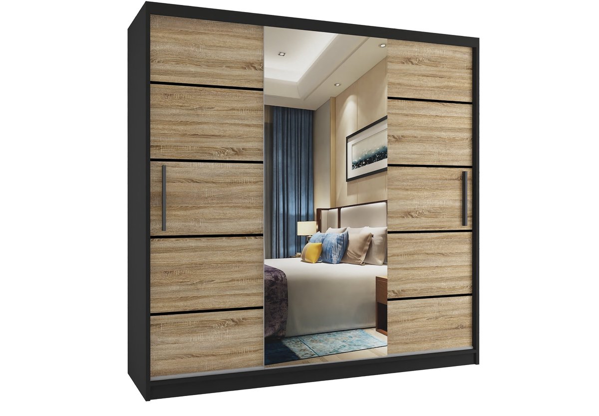 BELINI Verona MT Schuifdeurkast 200 cm Zwart/Sonoma Eiken Mat - Kledingkast met Spiegel & Lades - Comfort Line Driedeurkast