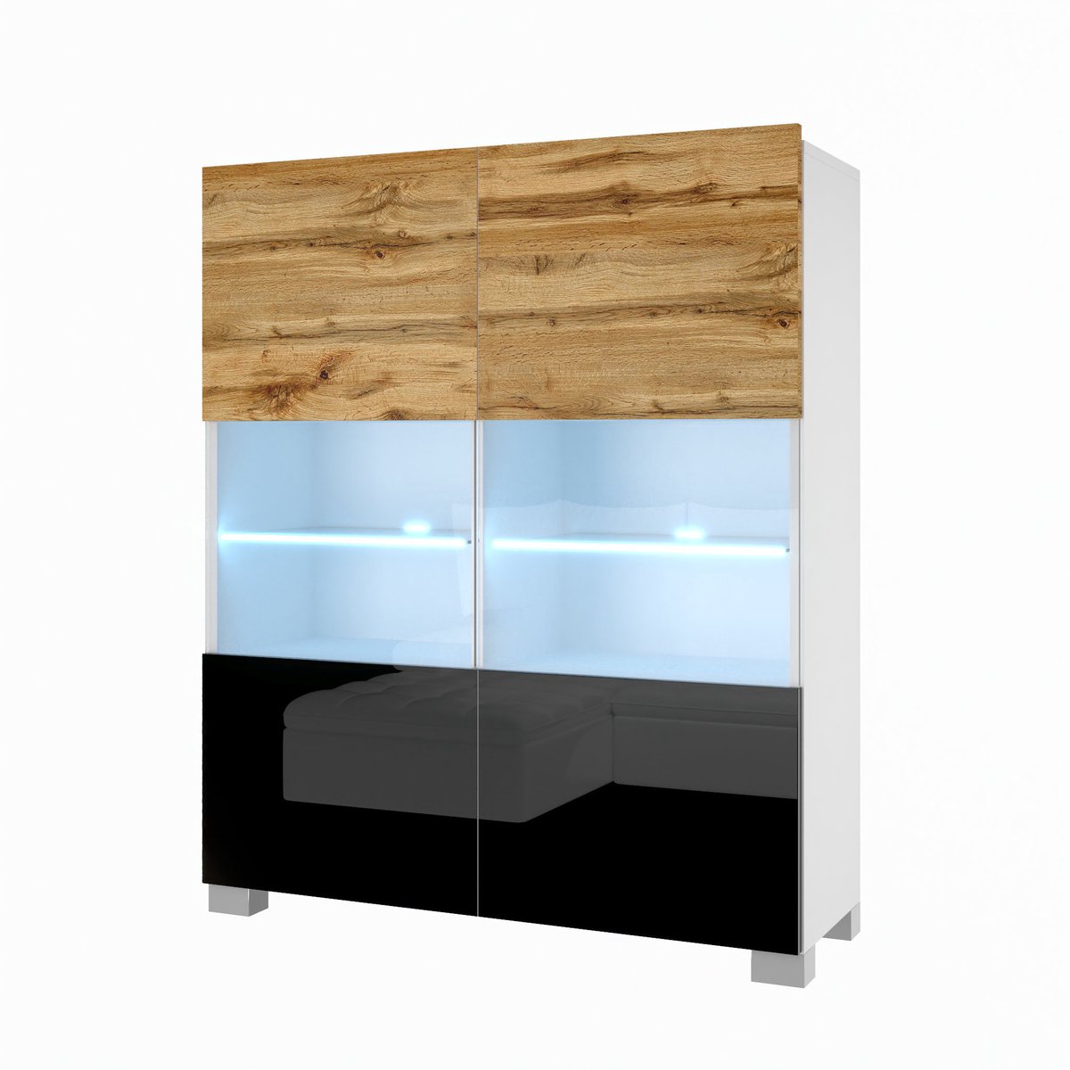 BELINI Vitrinekast met LED-verlichting - Hoge Kast Wotan Eiken/Zwart - Greeploos Woonkamer