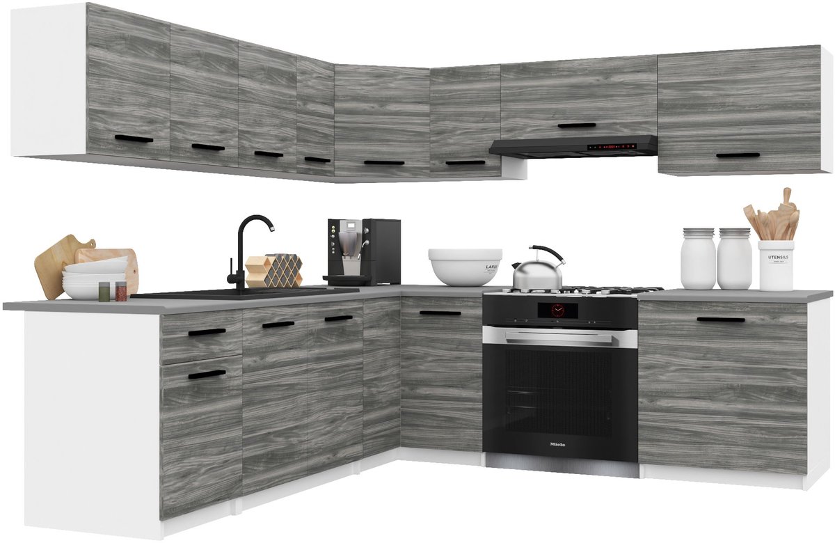 BELINI Keukenblok ITALIA 7 - Keukenmeubel Set 420 cm Grijs Glamour met Werkbladen - Boven- en Onderkasten