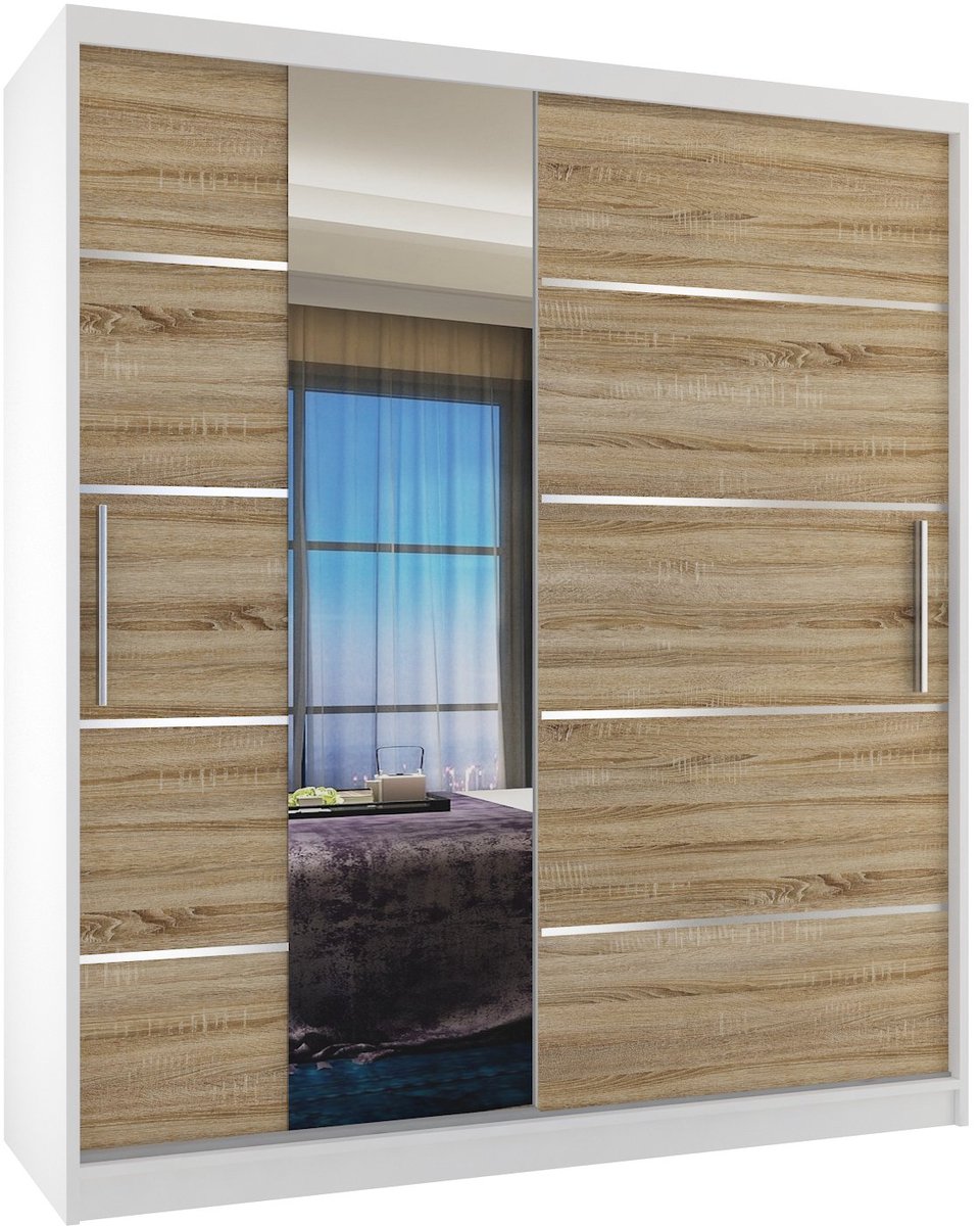 BELINI Verona MBP Schuifdeurkast 133 cm Wit/Sonoma Eiken Mat - Kledingkast met Spiegel - Comfort Line Slaapkamerkast