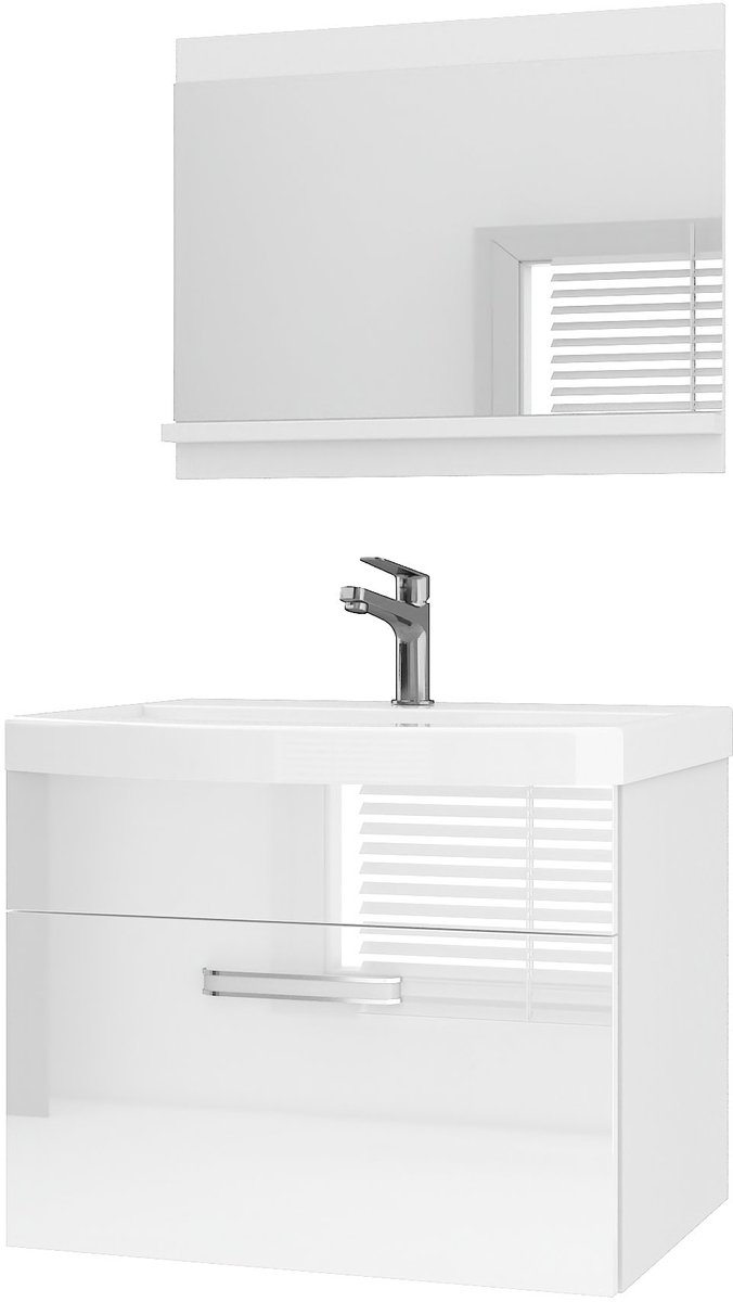 BELINI Badkamermeubel Set PRI P1 - Badmeubelset 60 cm Wit Hoogglans met Wastafel en Spiegel - Wandmontage