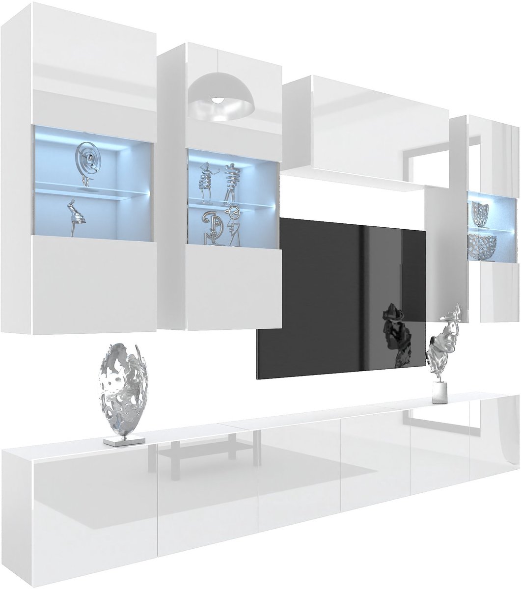 BELINI Wandmeubel Milano 5 300 cm Wit Hoogglans - TV-Wand Greeploos - Moderne Woonwand met Gasliftsysteem - Modulair TV-Meubel