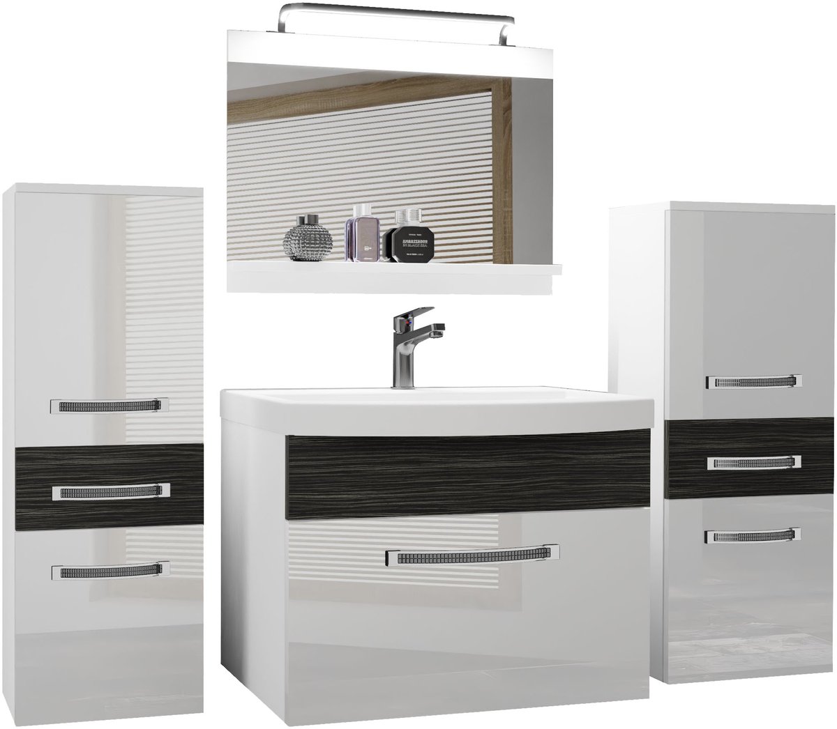 BELINI Badkamermeubel Set GLA PM 4 - Badmeubelset 140 cm Wit Ebbenhout Hoogglans Mat met Wastafel, Spiegel en LED Lamp - Wandmontage