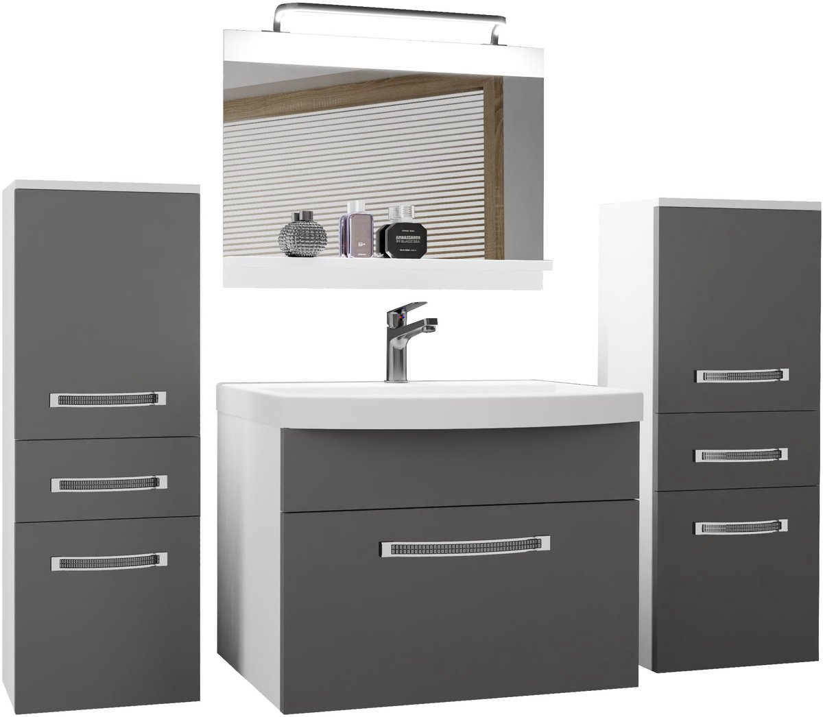BELINI Badkamermeubel Set GLA M 4 - Badmeubelset 140 cm Grijs Mat met Wastafel, Spiegel en LED Lamp - Wandmontage