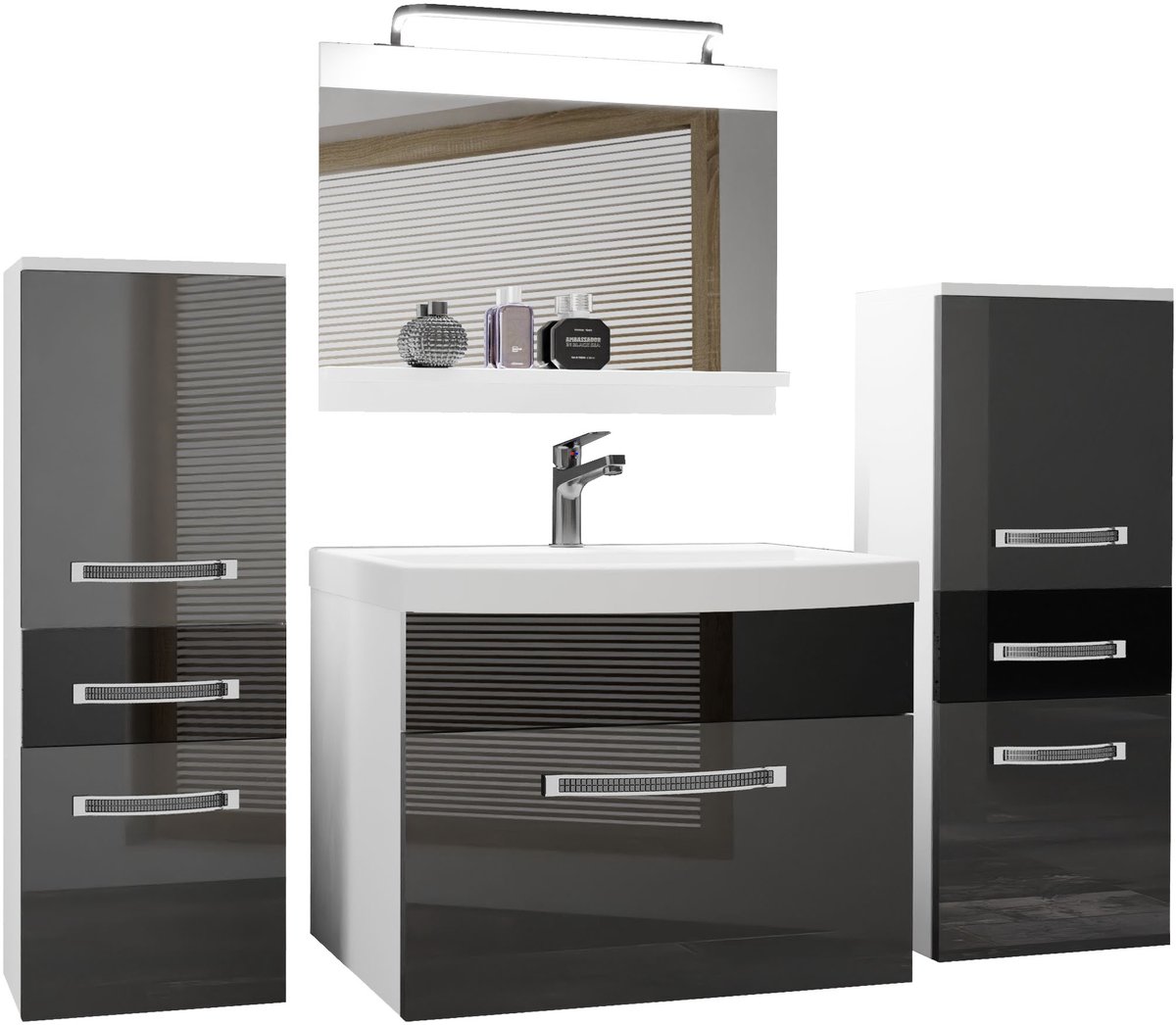 BELINI Badkamermeubel Set GLA P 4 - Badmeubelset 140 cm Zilver Zwart Hoogglans met Wastafel, Spiegel en LED Lamp - Wandmontage