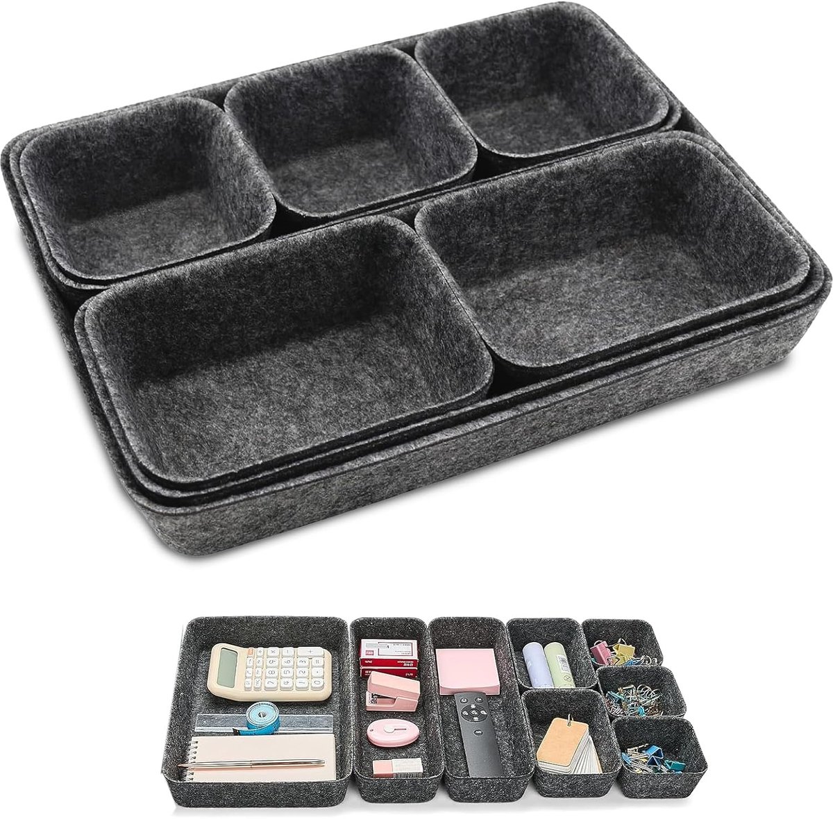 SnelShoppen - Huahuanghui 8-delige Vilten Lade-Organizer Set voor Bureau, Cosmetica, Make-uptafel, Huishouden, Opberging, Organisatie, Grijs