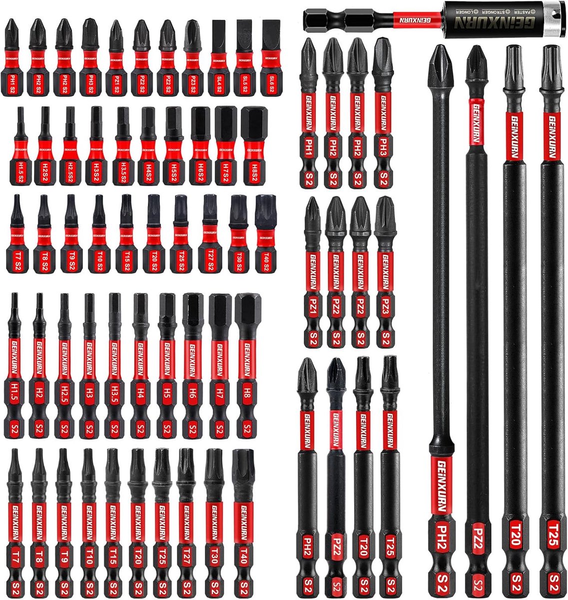 SnelShoppen - 68-delige schroevendraaierbitset met slagvaste bits (PH, TX, PZ, SL, Hex) | 1/4 inch zeskantschacht, S2 gelegeerd staal met 75mm magneti