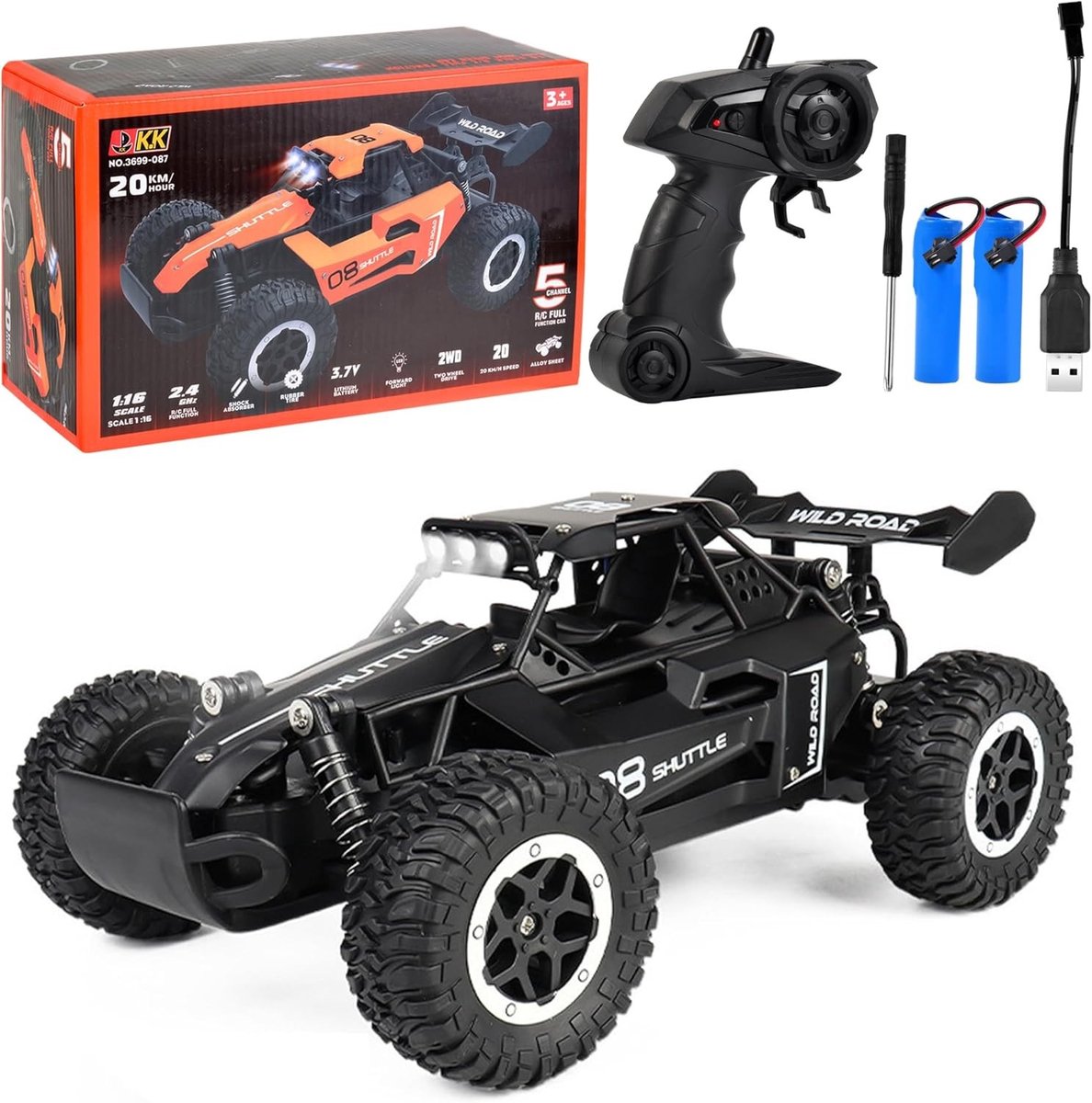 Op afstand bestuurbare monstertruck voor kinderen van 3 tot 8 jaar - 1:16 schaal, 2.4 GHz, 2WD, off-road, met 2 accu's en geschikt voor elk terrein