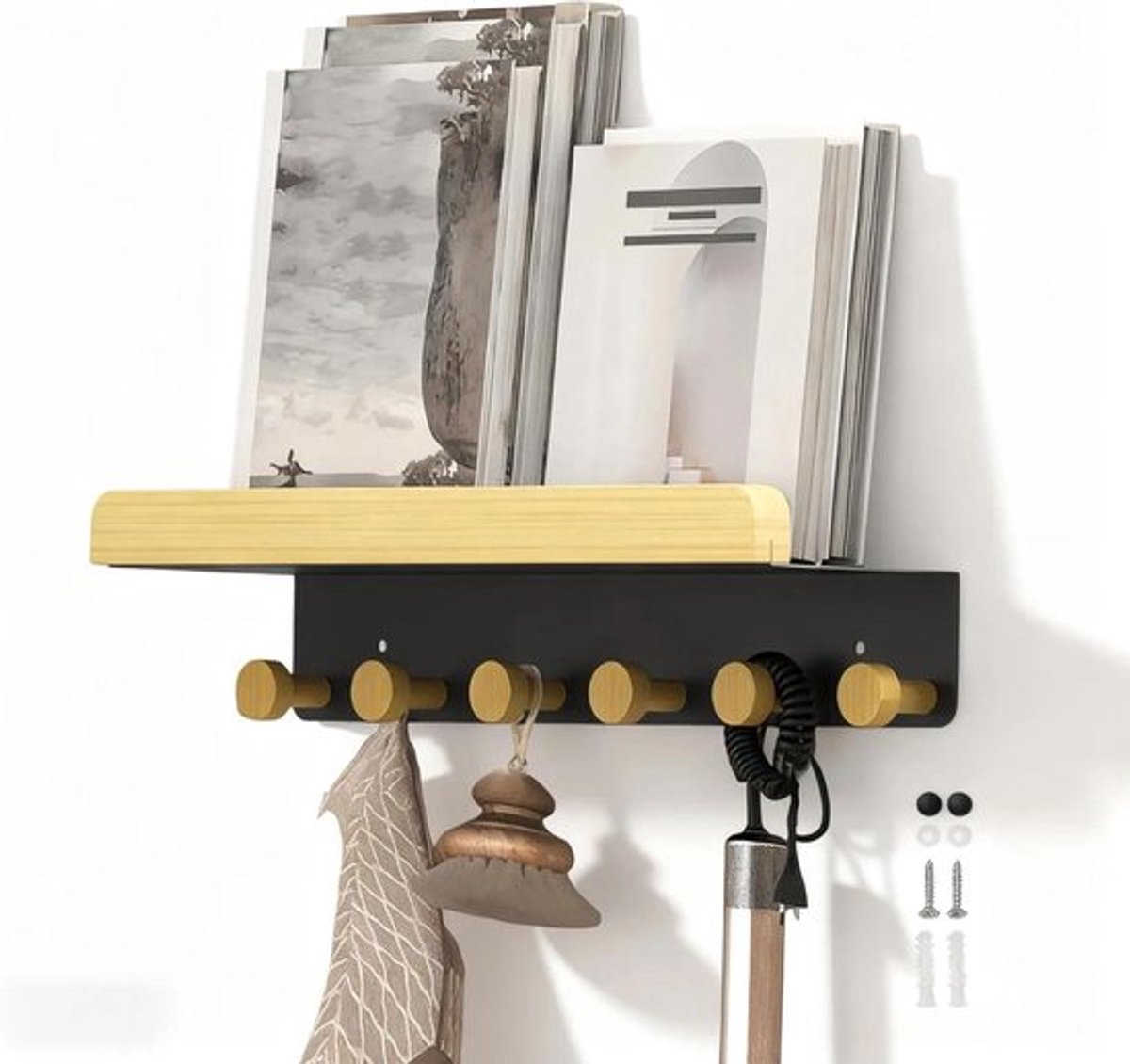 Sleutelrek met 6 haken en plank voor muurbevestiging, 39 cm, houten sleutelhouder voor hal en slaapkamer - modern en praktisch opslagsysteem voor sleutels