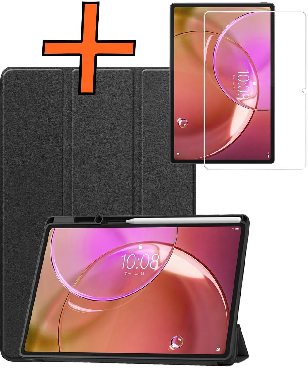 Hoesje - Geschikt voor Lenovo Idea Tab Pro Gen 2 - Met Screenprotector - Trifold Bookcase - Hard Cover Case - Met Uitsparing Geschikt voor Lenovo Pen - Hardcover Book - Tablet Hoes - Zwart