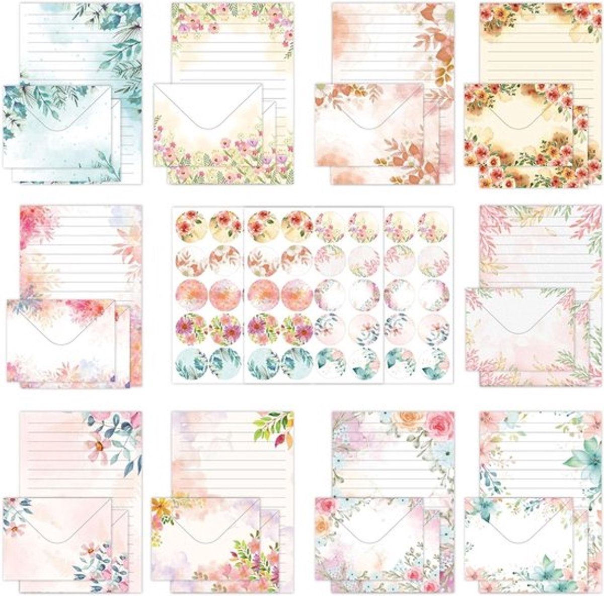 160-delige set met enveloppen en schrijfpapier in 10 kleuren, A5 gelinieerd, waterverf, bloemen, stickers en decoratieve accessoires voor kinderen en meisjes