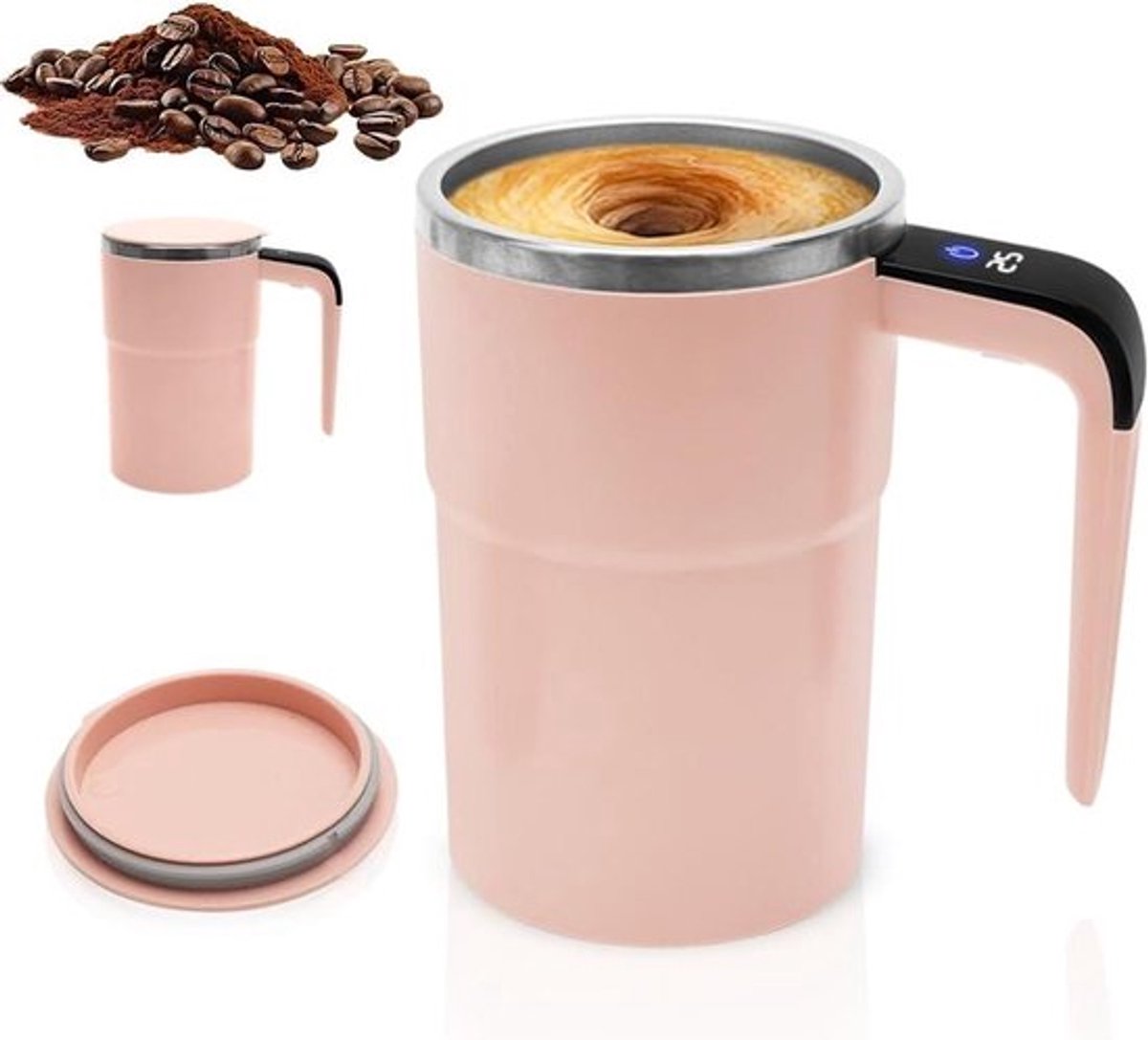 Zelfroerende koffiemok met handvat - 0,36 L - Automatisch mixen - Tempietscherm - Koffie - Eiwitpoeder - Roze