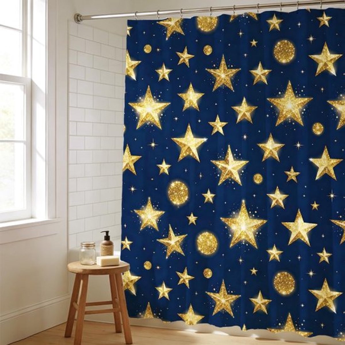 Waterdicht Douchegordijn Sterrenpatroon in Goud en Donkerblauw met 12 Haken - 183 x 183 cm voor Badkamer en Badkuip Accessoires