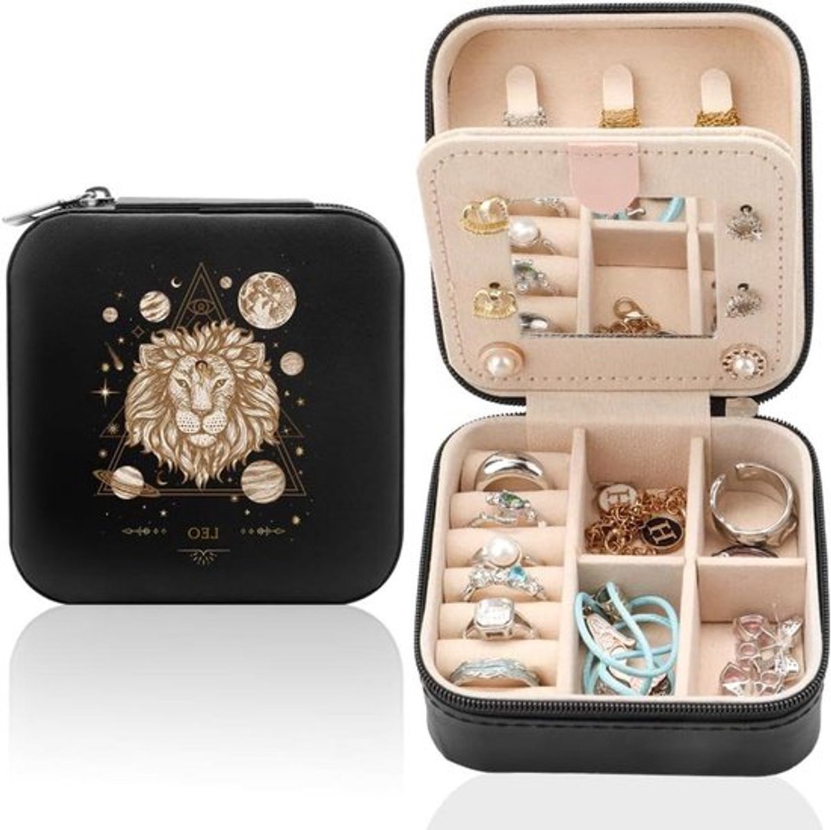 Reis-Sieradendoos met Spiegel en Sterrenbeeld Leo - Draagbare Sieraden Organizer voor Verjaardag, Valentijnsdag en Moederdag