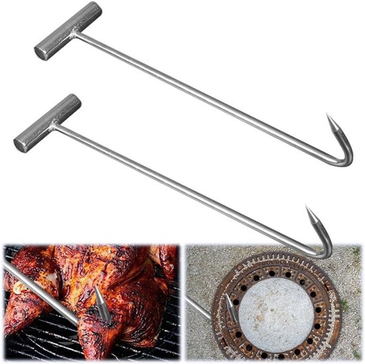 Duct Lid Lifters Set van 2, 30cm RVS Haak met Punt, Handige Lifthaken voor Gullydeksels en Vleesophangtools