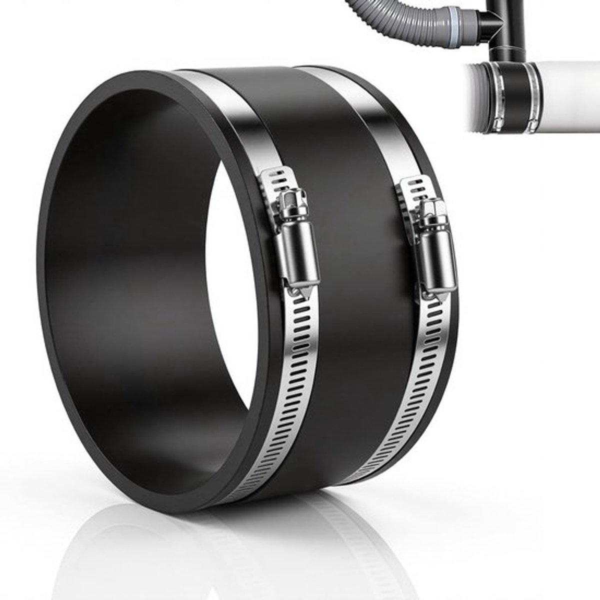Flexibele rubberen sleeve koppeling Ø 100mm met 2 roestvrijstalen klemmen voor geluidsreductie, pijpfan en stalen buizen