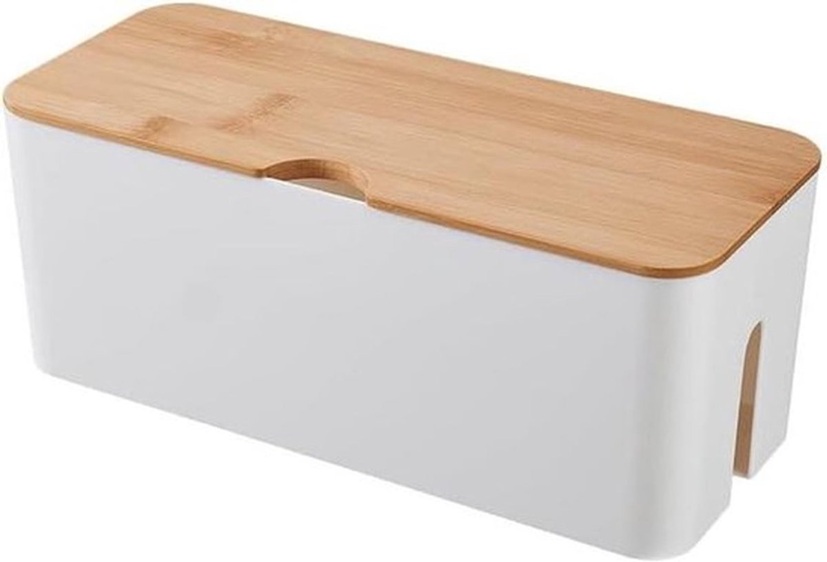 Kabelbox met bamboedeksel voor kabelmanagement en computerbekabeling, opbergdoos voor het organiseren en verbergen van kabels - 32 x 13,5 x 12,5 cm - wit.
